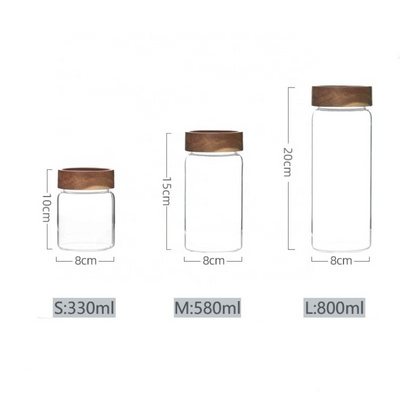 Hand-blown from Borosilicate glass canister with acacia wood lid for Sugar Tea Coffee Beans candy spice glass jar jar with lid