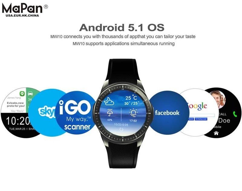 MaPan CE ROHS , 3G Wifi GPS Android MTK6580 Mobile phone smart watch MW10