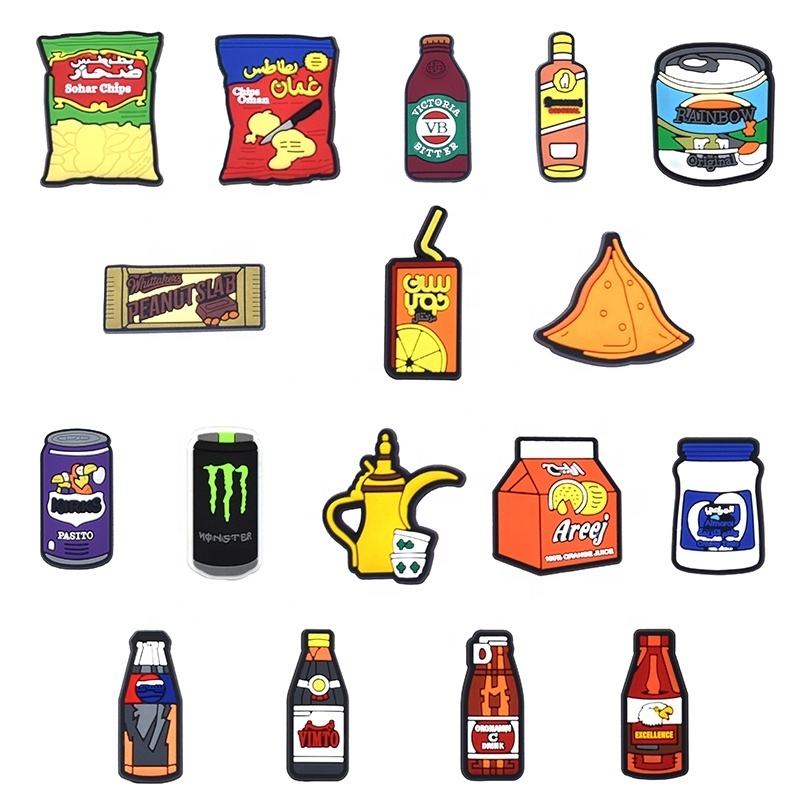 Soft PVC Cheap Cartoon snack beverage Shoe Charm Wholesale Australian Snacks Sandals fast food clog Accessories