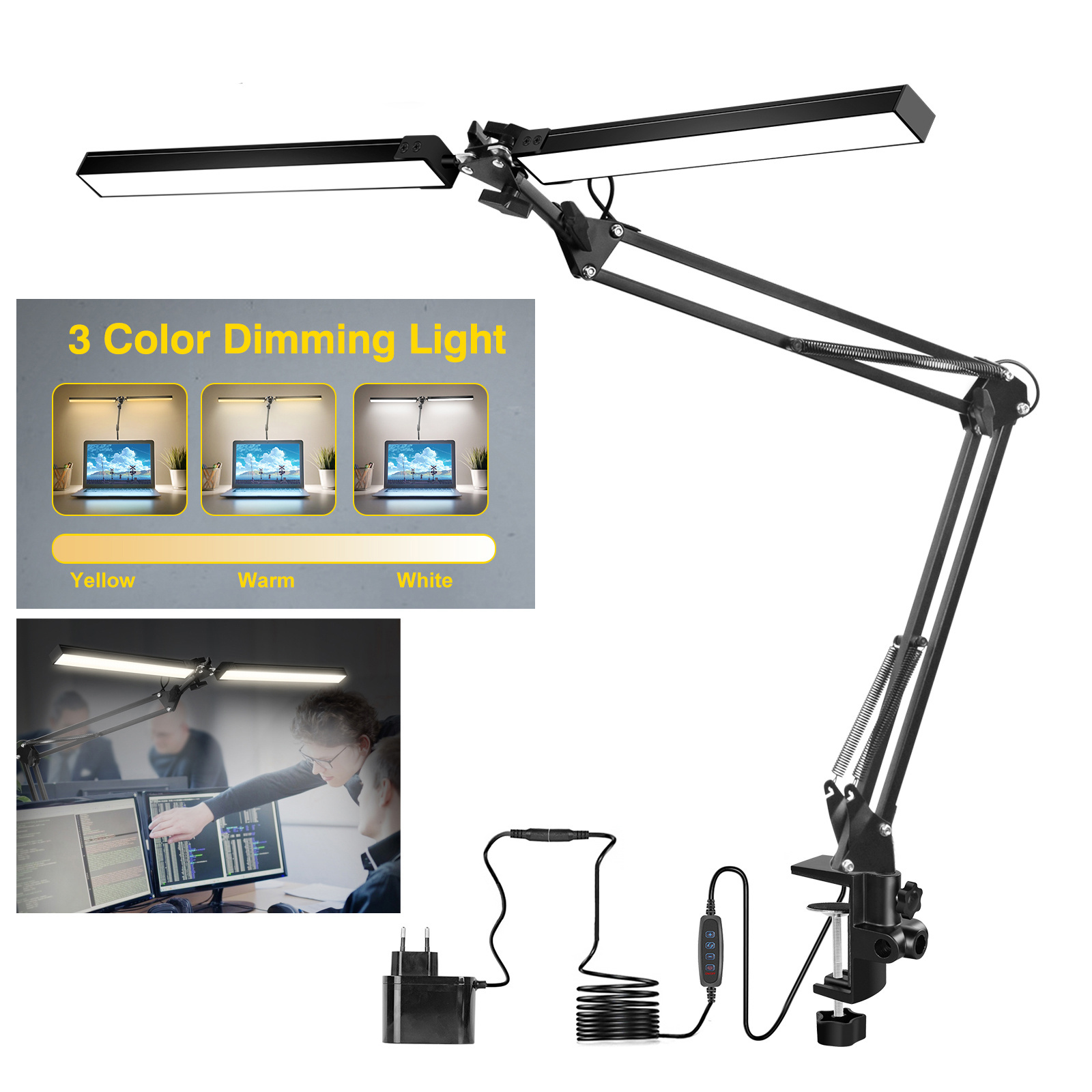 LED Desk Lamp Upgrade Long Metal Swing Arm Desk Lamp with Clamp Eye-Caring Dimmable Architect Task Lamp with 3 Color Mode