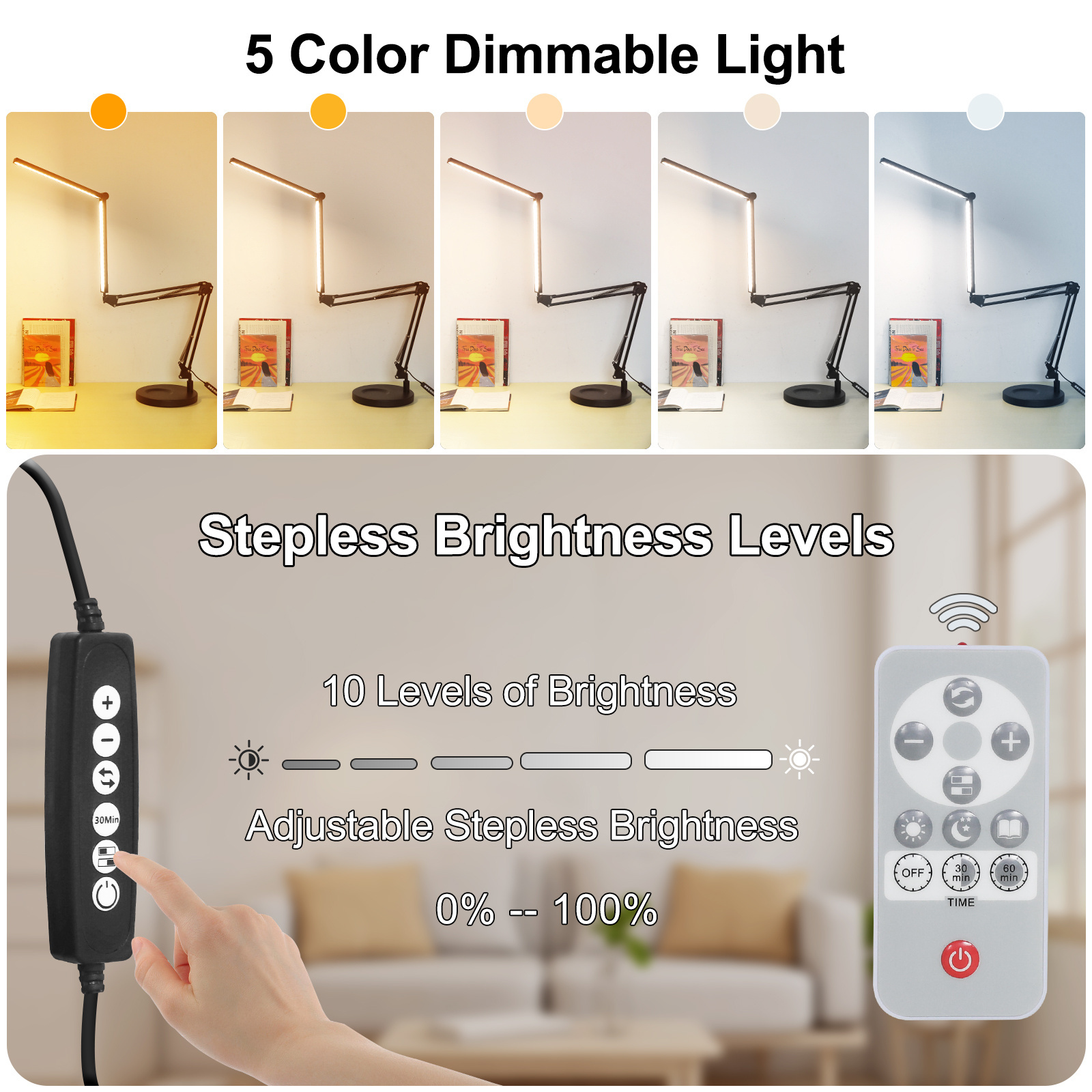 2 in 1Remote Control LED Desk Lamp with 5 Colors Adjustment Time Setting  Long Swinging Arm Table Light for Bedroom Office