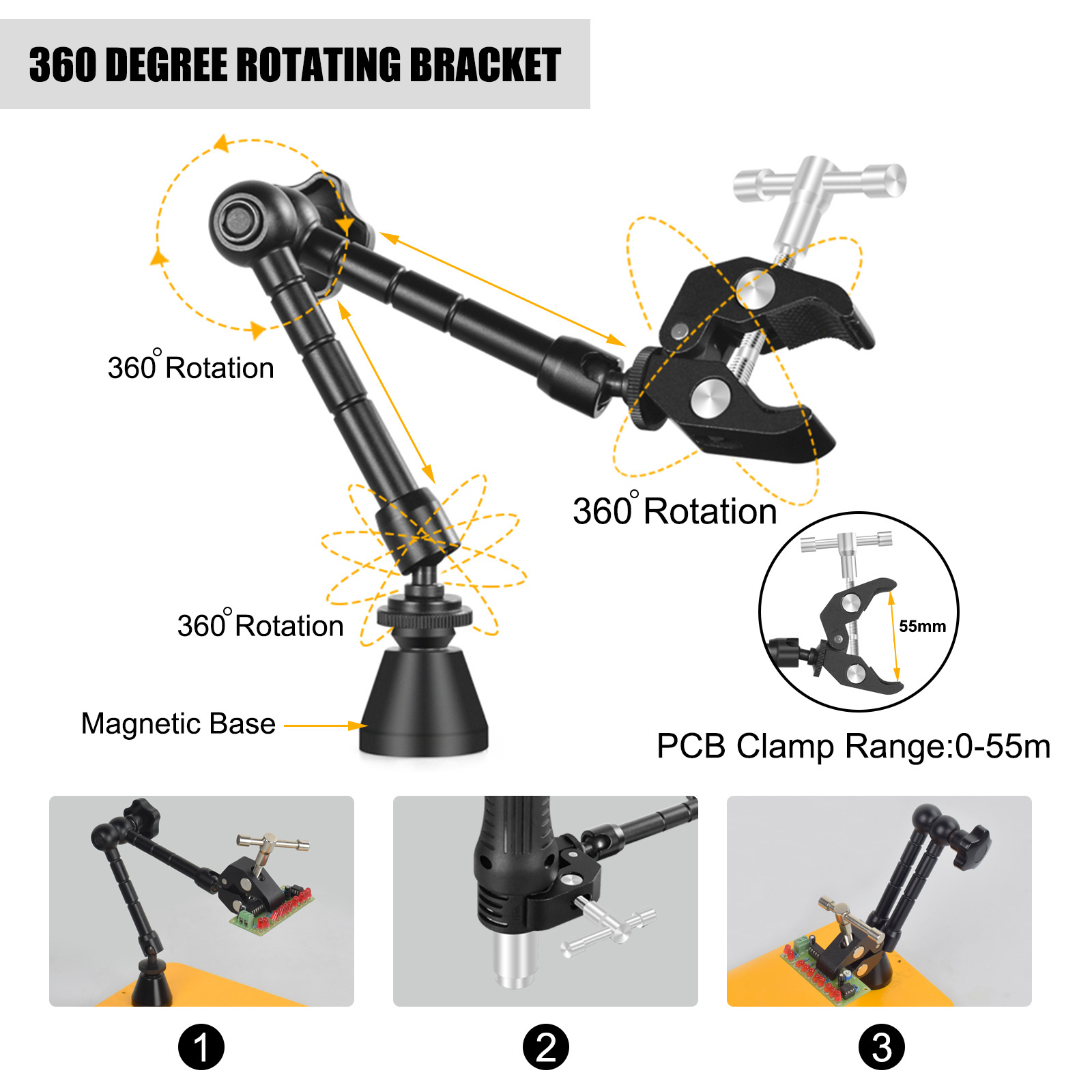 Magnetic Base PCB Board Fixture 360 Degree Rotation Heat Gun Holder Soldering Third Hand Soldering Metal Flexible Arm Welding