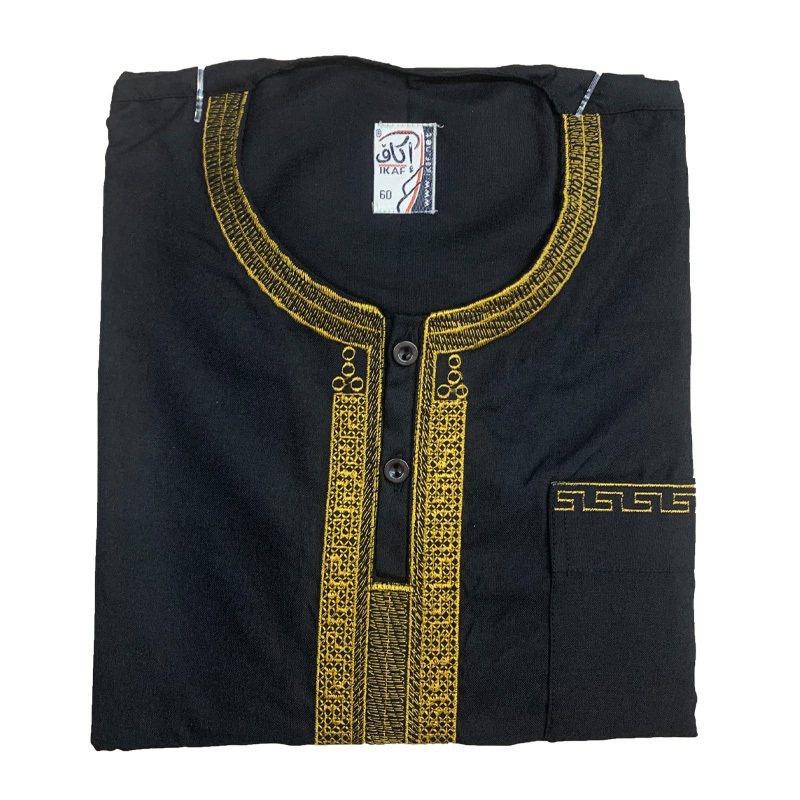 New Design Embroidery Solid Muslim Long Men's Thobe Men's Arab Kaftan Long Sleeve Moroccan Muslim Abaya Robe