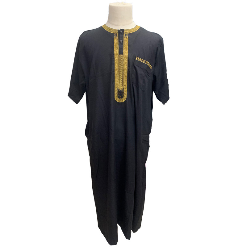 New Design Embroidery Solid Muslim Long Men's Thobe Men's Arab Kaftan Long Sleeve Moroccan Muslim Abaya Robe