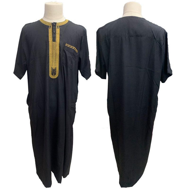 New Design Embroidery Solid Muslim Long Men's Thobe Men's Arab Kaftan Long Sleeve Moroccan Muslim Abaya Robe