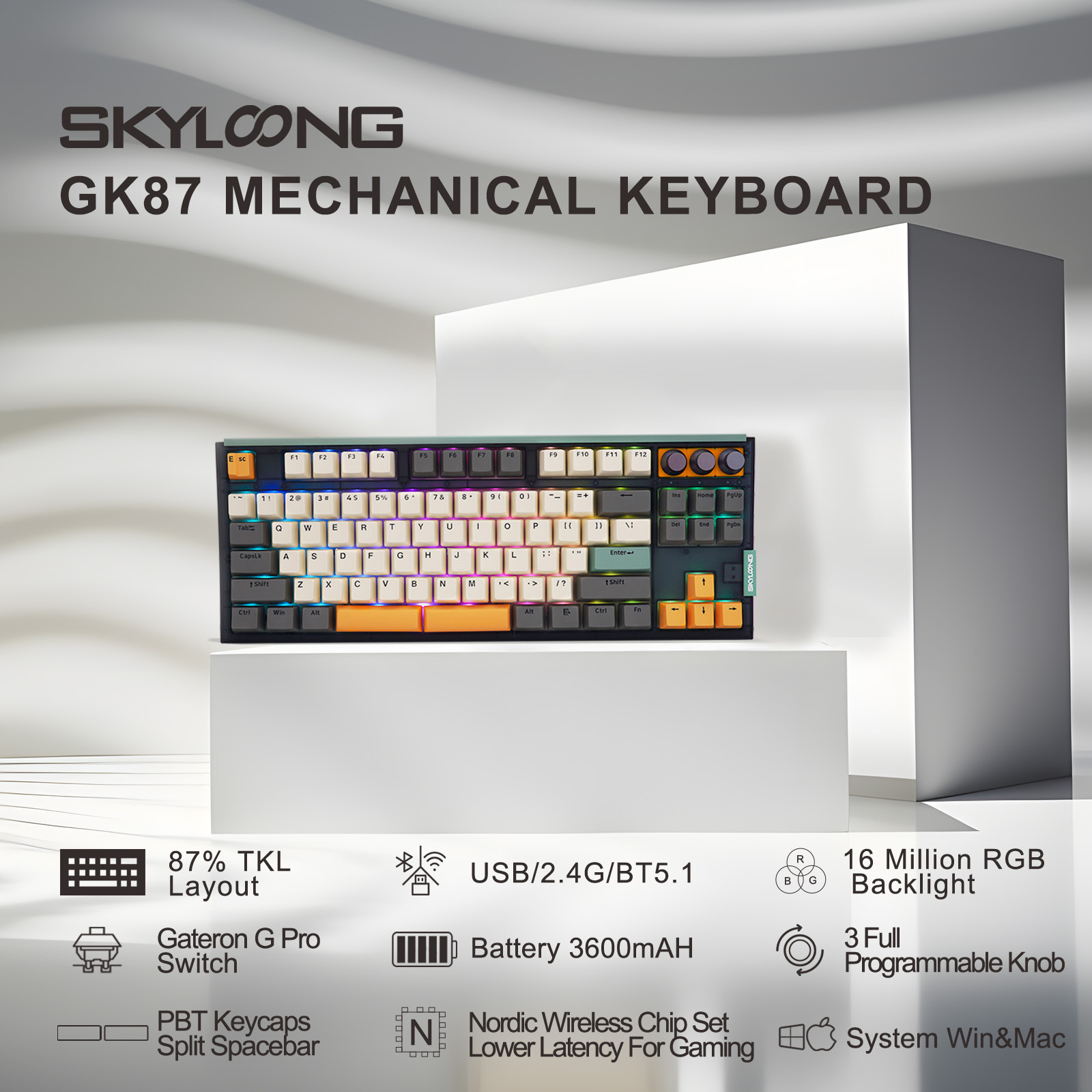 New arrived SKYLOONG GK87 3 Modes TKL 3600mAh Gateron Switch 87keys Wireless mechanical keyboard for original manufacturer