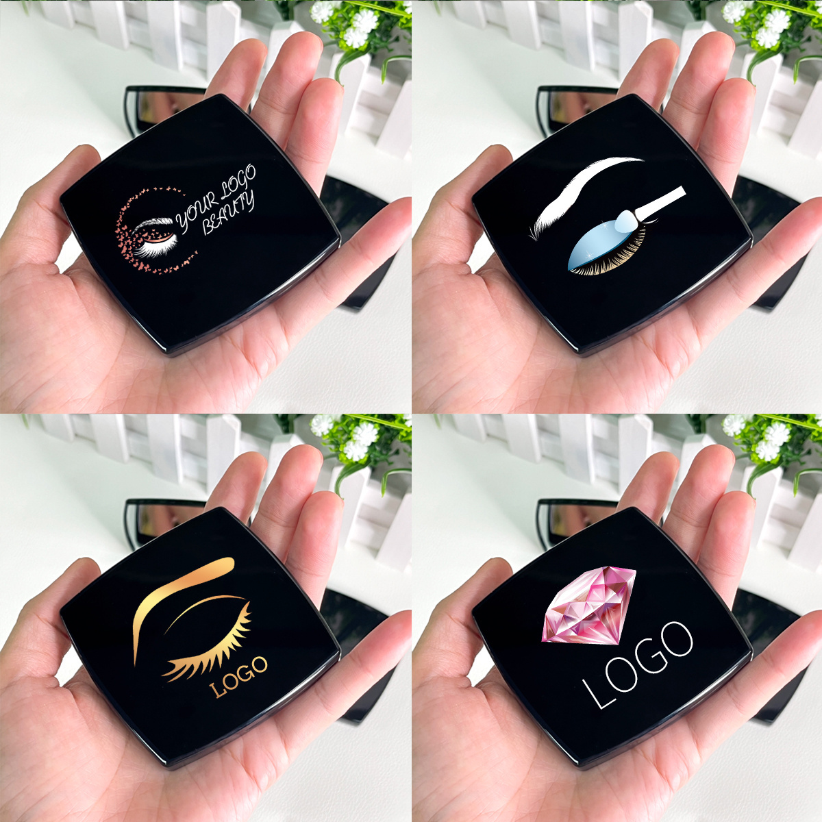 mini personalized folding travel cosmetic mirror custom logo hand held black makeup mirror