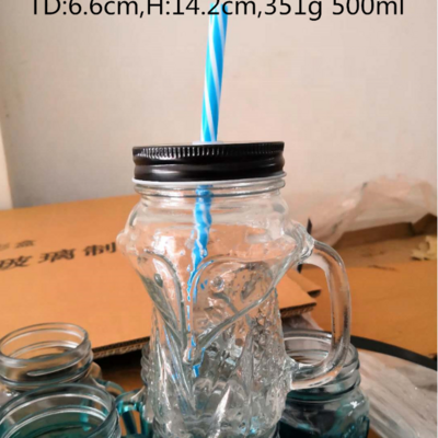 Wholesale 500ml Pineapple Owl Fox Skull frutta del prato glass mason jar with handle/juice mug /glass mug with lid and straw