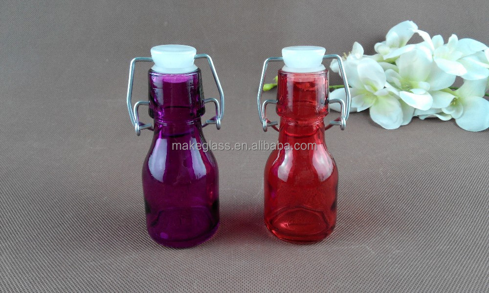 60ml colorful glass bottle with unique top, Glass lemonade bottle, Mini glass candy bottle with swing top