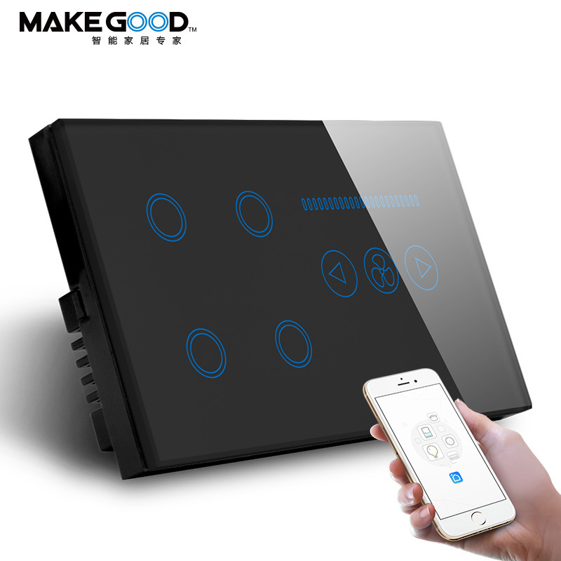 Makegood Home Automation Wifi Fan Switch Tuya Touch Panel Wifi Combined Switch Alexa Wifi 4 Gang Wall Switch with fan control