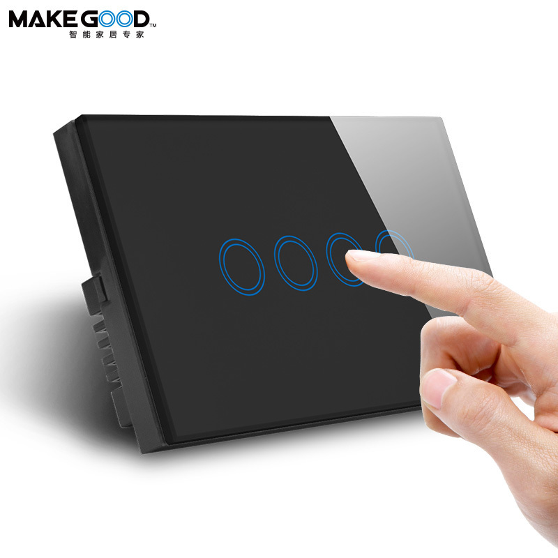 MakeGood US Standard Wireless Remote Control Touch Glass Panel Smart 4Gang Wall Switch With White/Black/Gold Color