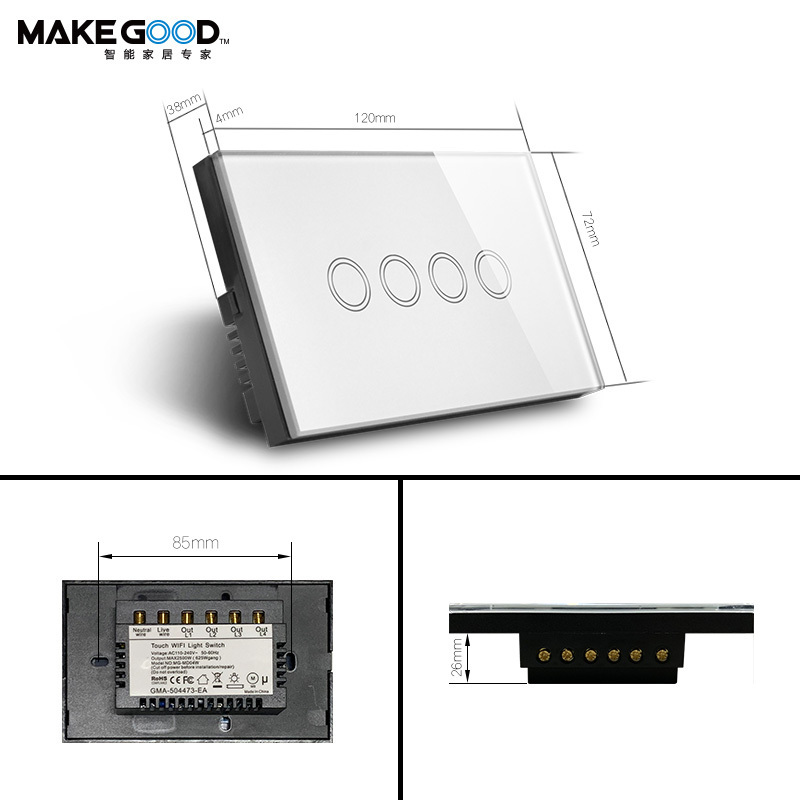 MakeGood US Standard Wireless Remote Control Touch Glass Panel Smart 4Gang Wall Switch With White/Black/Gold Color