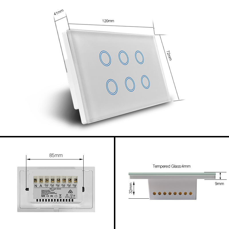 Makegood AU/US 120*72mm Smart power metering SAA Tuya Alexa voice control Wifi 6 gang smart zigbee touch glass wall switch