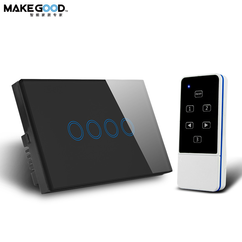 MakeGood US Standard Wireless Remote Control Touch Glass Panel Smart 4Gang Wall Switch With White/Black/Gold Color