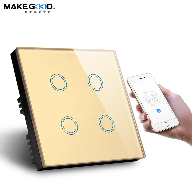 2022 Smart Home 4Gang 3 Way WIFI Touch wall Switch Crystal Panel Touch Screen Wifi  light Switch with CE Certification