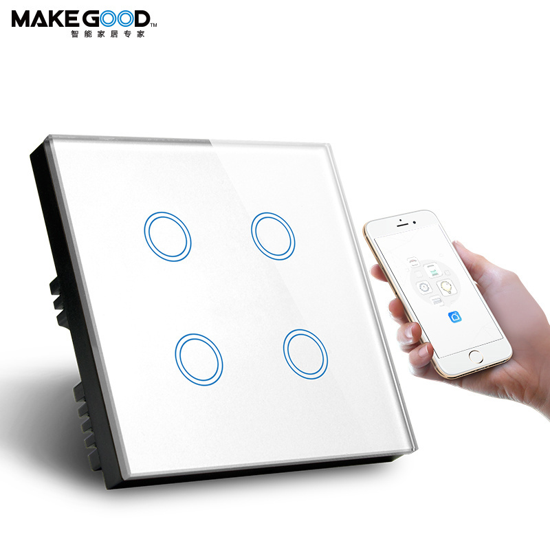 2022 Smart Home 4Gang 3 Way WIFI Touch wall Switch Crystal Panel Touch Screen Wifi  light Switch with CE Certification