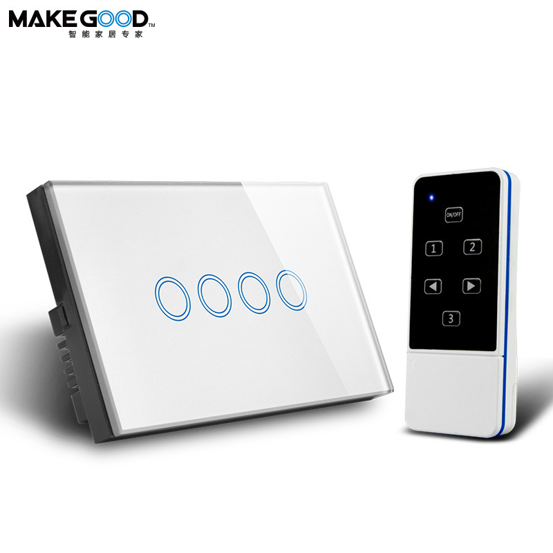 MakeGood US Standard Wireless Remote Control Touch Glass Panel Smart 4Gang Wall Switch With White/Black/Gold Color