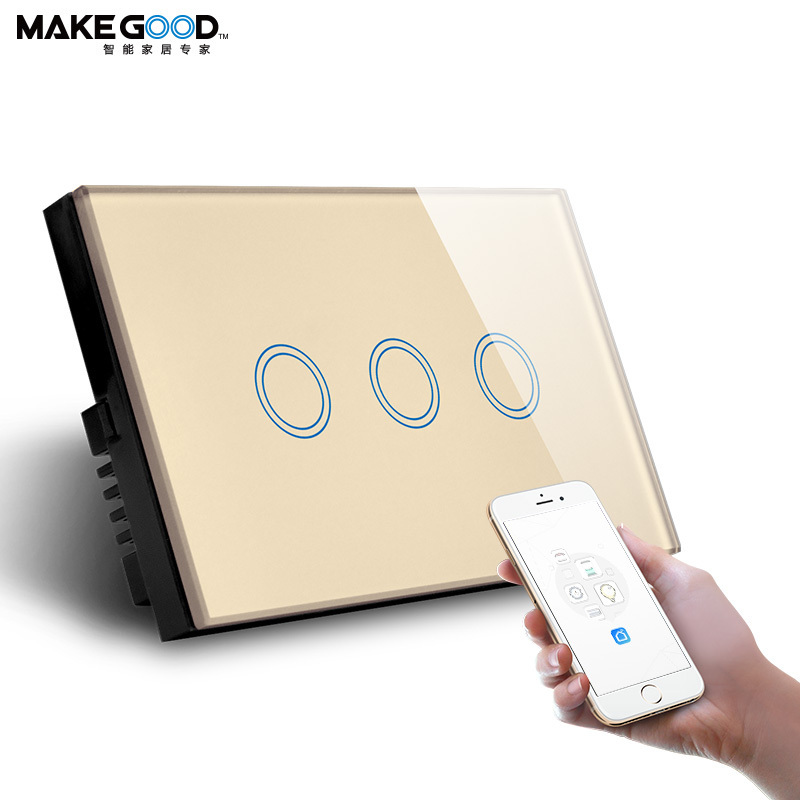 Makegood interuptores inteligente wifi 3gang smart switch US standard Alexa google home voice control glass wifi light switch