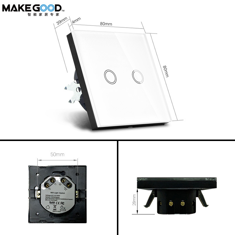 Makegood Touch Light Switch EU standard Luxury Crystal Glass Panel 2gang 2 way wireless remote controlled wall light switch 220v