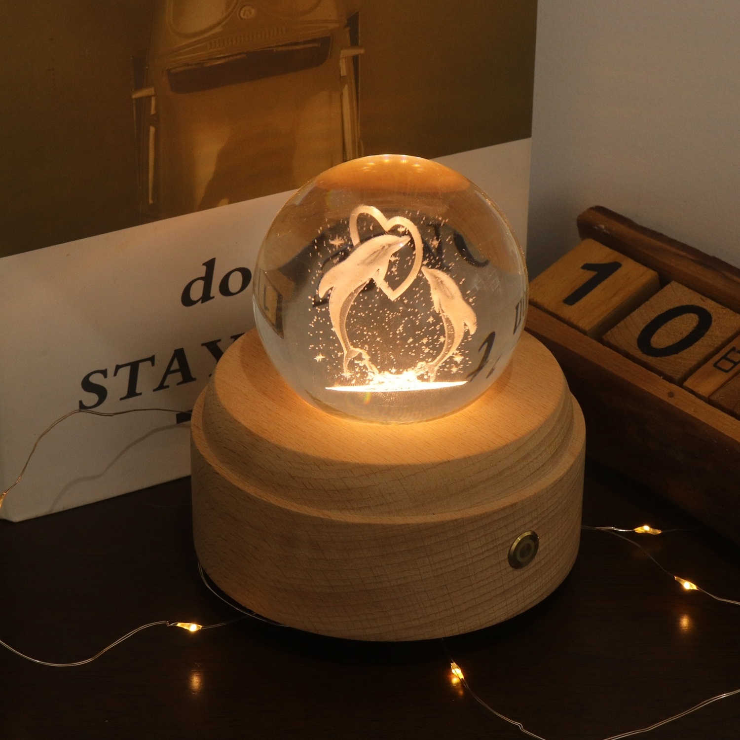 Ocean 3D Crystal Ball Night Light Music Table Lamp Creative Wood Led Table Lamp Touch USB Rechargeable Decoration For Bedroom