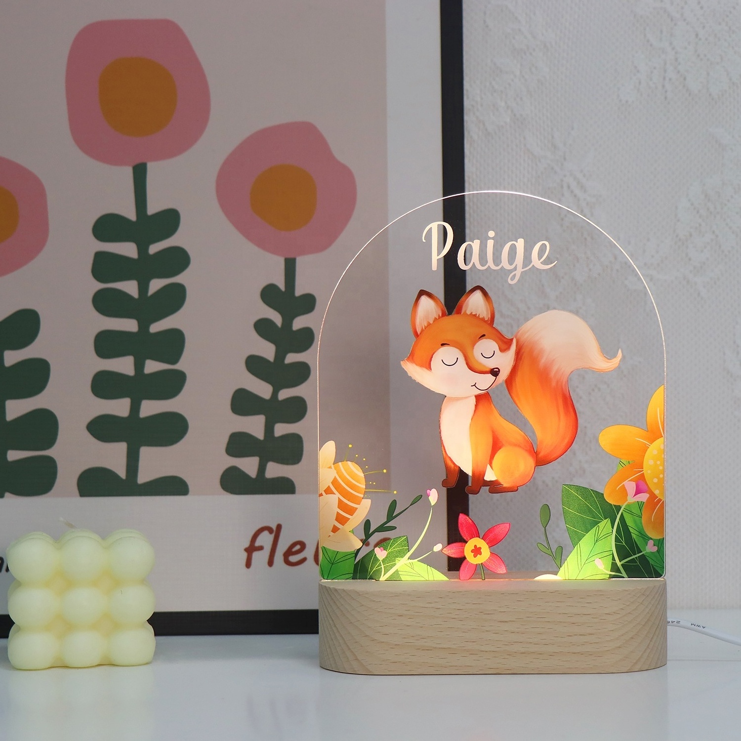 Idea Gift Personalized Name UV Night Lamp Wooden USB Led Light 3D Acrylic Custom Animals Night Light For Bedroom