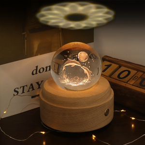 Ocean 3D Crystal Ball Night Light Music Table Lamp Creative Wood Led Table Lamp Touch USB Rechargeable Decoration For Bedroom