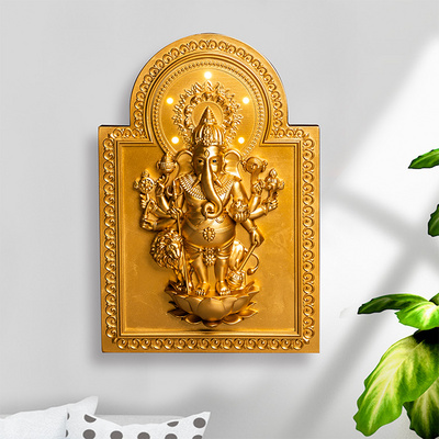 Diwali Special Light Wood Ganesha Sculpture Wall Ganesha Statue Hindu God