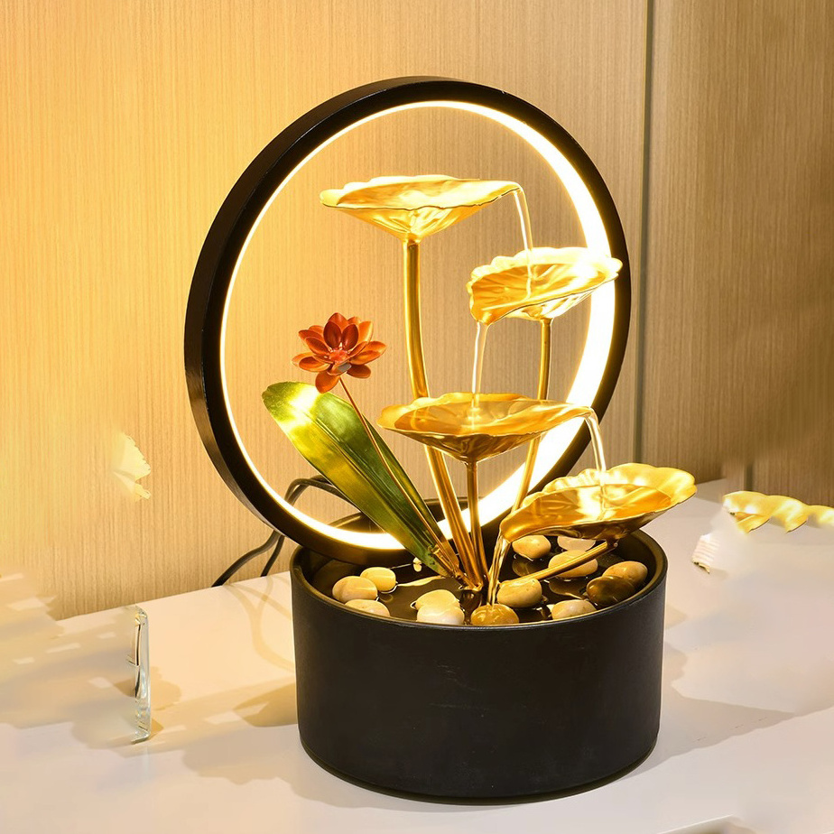 Water Fountain Indoor Tabletop Waterfall Fountain Over Metal Flowers Golden Leaves Indoor 3-Tier Relaxation Tabletop Fountain