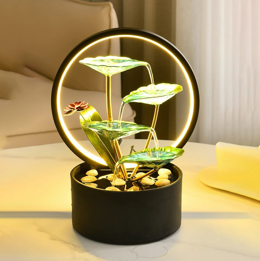 Water Fountain Indoor Tabletop Waterfall Fountain Over Metal Flowers Golden Leaves Indoor 3-Tier Relaxation Tabletop Fountain