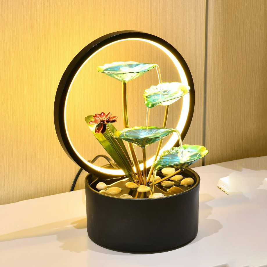 Water Fountain Indoor Tabletop Waterfall Fountain Over Metal Flowers Golden Leaves Indoor 3-Tier Relaxation Tabletop Fountain