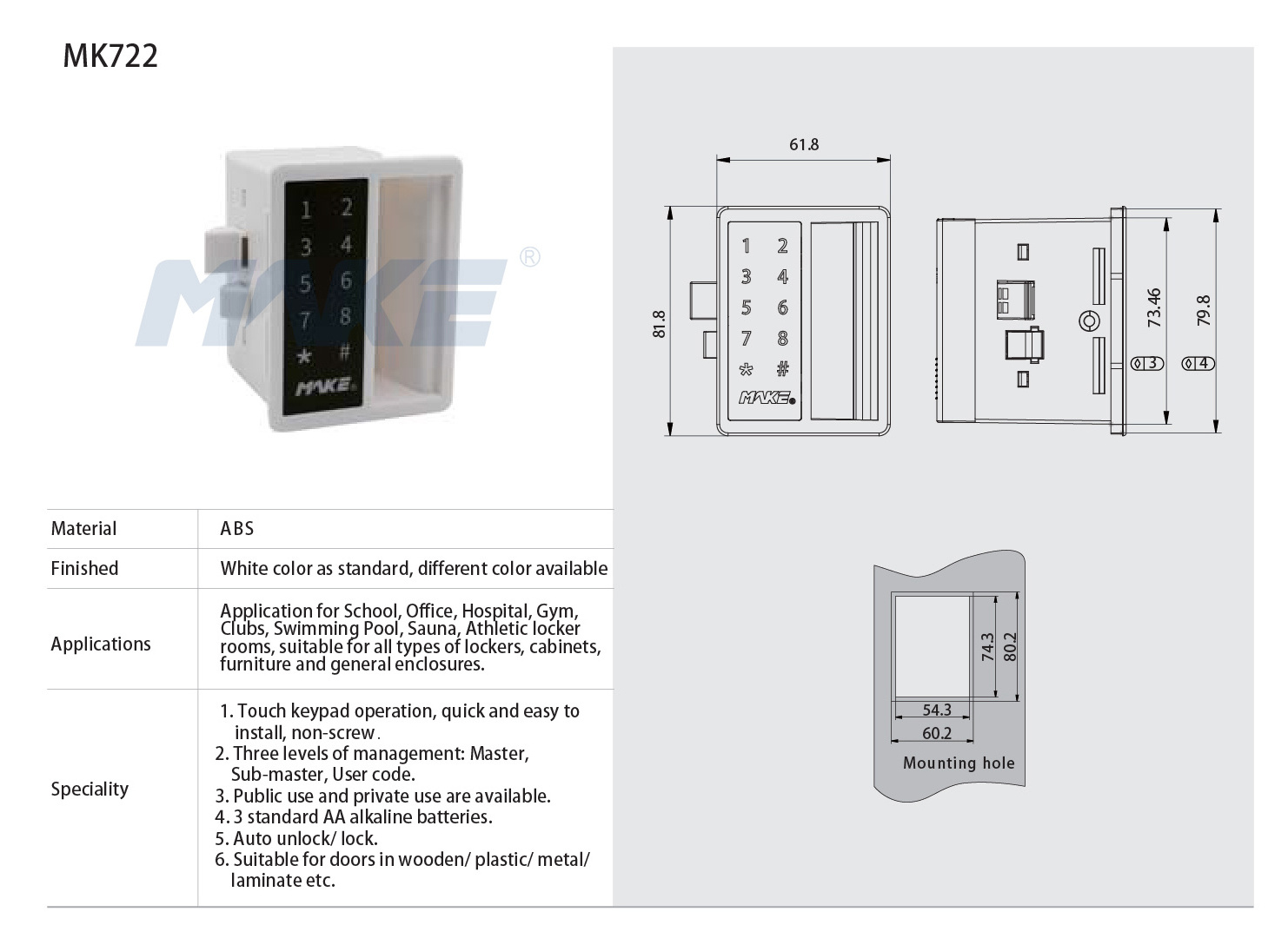 MK722 Smart Touch Keypad Three Level Management Lock with Public Mode for Lockers