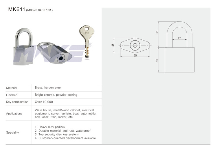 MK611 Anti-rust Harden Steel Heavy Duty Padlock with Top Security Disc Key System