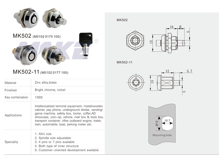 MK502 High Security Small Tubular Cylinder Push Pin Lock