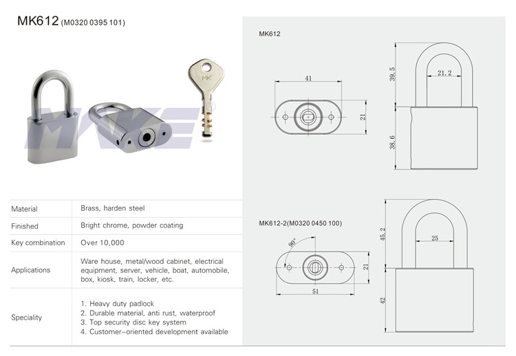 MK612 Anti Rust High Security Brass Heavy Duty Hardened Padlock With Disc Key System