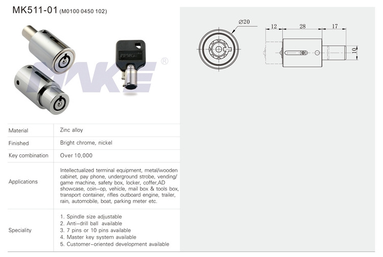 MK511-01 Tubular Key Sliding Push Lock For glass cabinet