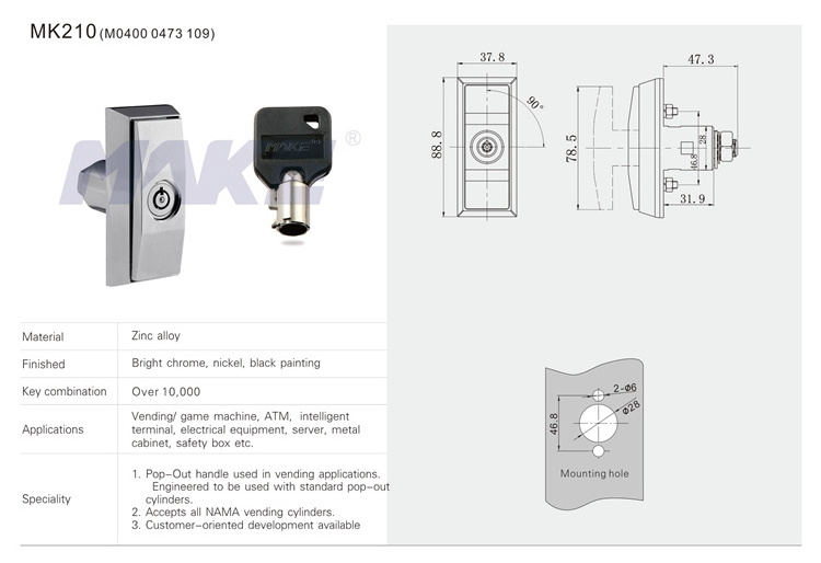 MK210 Pop Out T Handle ATM Safe 90 Degree Vending Machine Lock