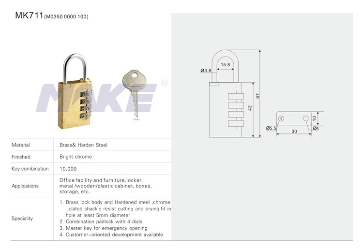 MK711 4 Digital Combination Brass Padlock with Master Key