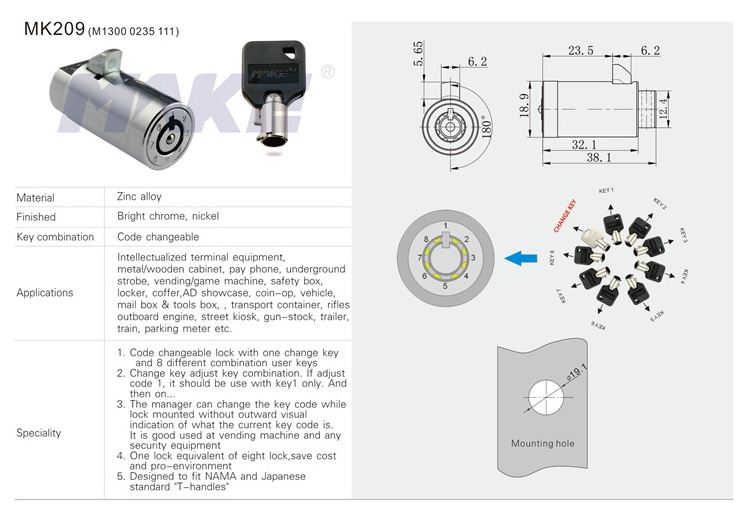 MK209 Round Cylinder Metal Cabinet Cam Lock Tubular Key Vending Machine Lock Cylinder With Master Key System