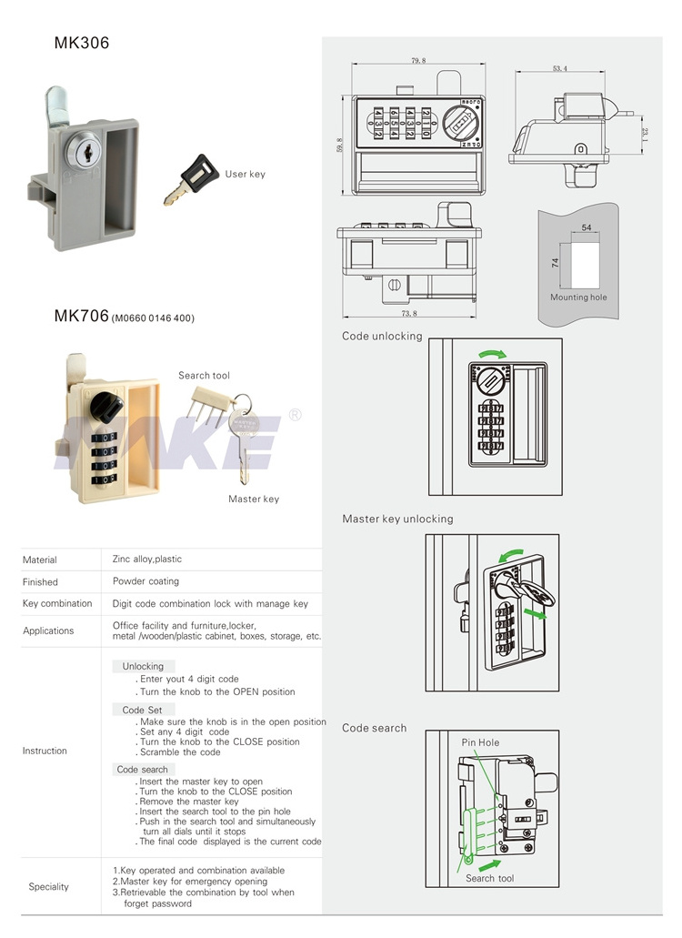 MK706 2023 China Plastic and Zinc Alloy Cabinet 4 Digital Locker Lock Number Mechanical Combination Lock