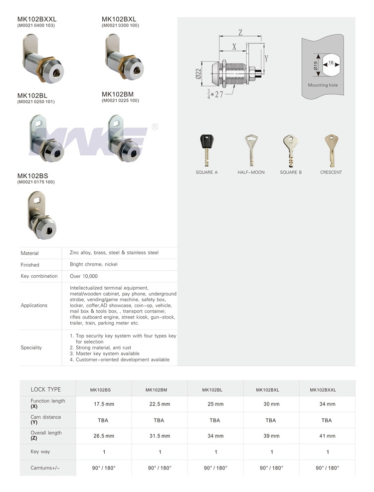 MK102BS Zinc Alloy Cam Lock Key Different for Mailbox