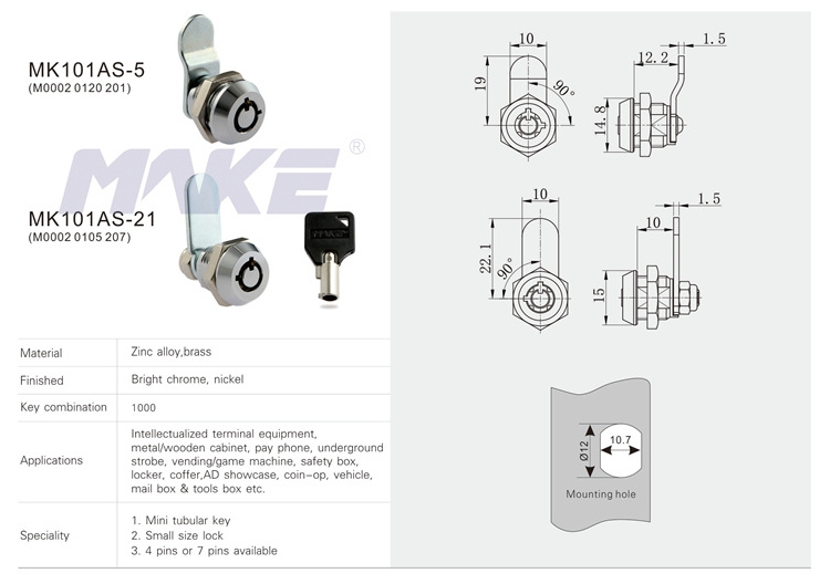 MK101AS-21 Cam Circle Custom Safe Round Key Lock 10mm Cylinder