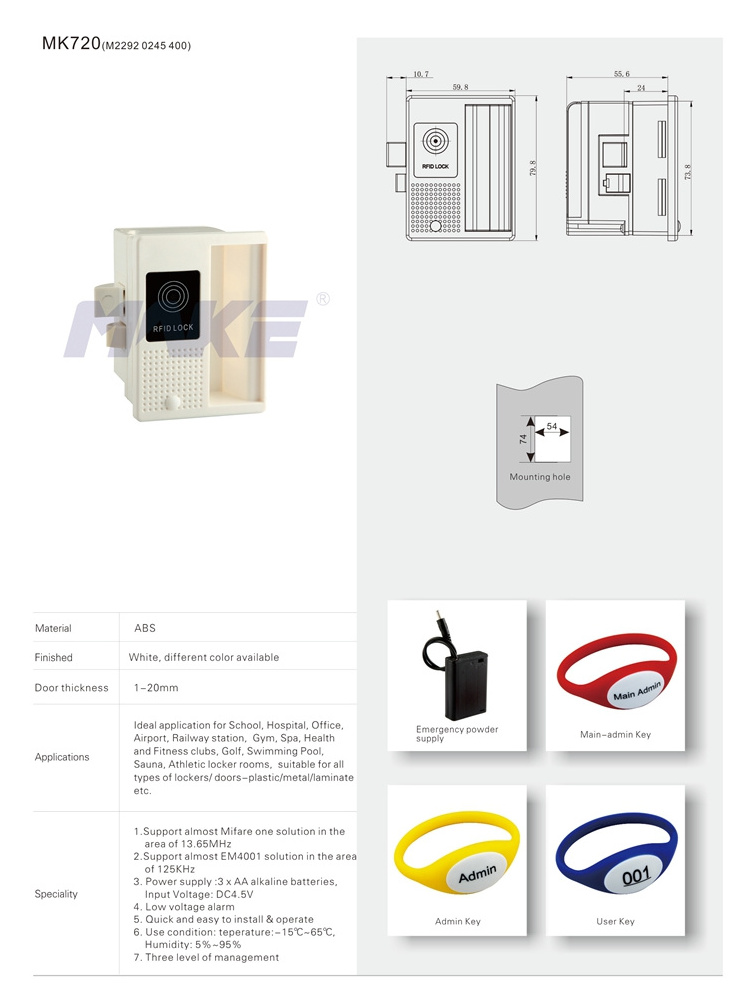 MK720 Digital Wristband Electronic Key Card RFID Locker Lock GYM/SPA Electronic security RFID Smart cabinet lock for drawers