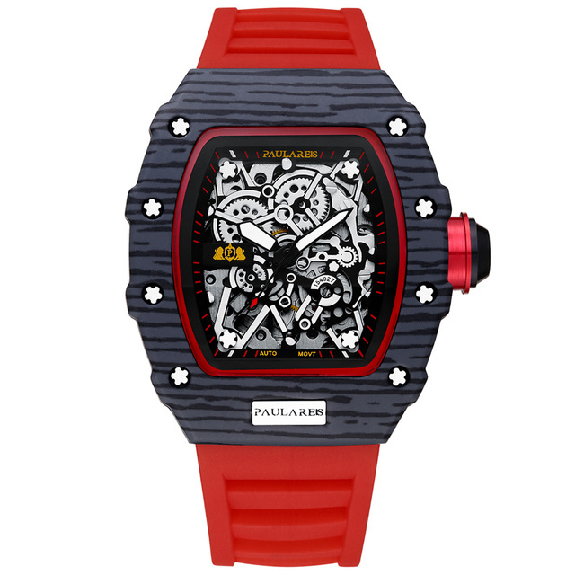 PAULAREIS Fashion Men Automatic Self Wind Skeleton Mechanical Red Black Rubber Strap Richard Fashion Tonneau Hollow Out Watch