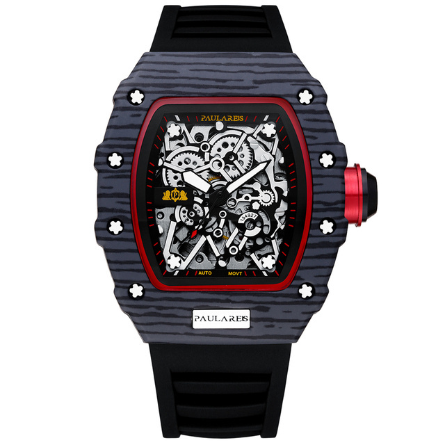 PAULAREIS Fashion Men Automatic Self Wind Skeleton Mechanical Red Black Rubber Strap Richard Fashion Tonneau Hollow Out Watch