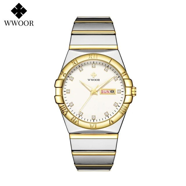 WWOOR 8885 Men's Stainless Steel Fashion Popular Quartz Wristwatch Casual Waterproof Watch For Men Week Date Relogio Masculino