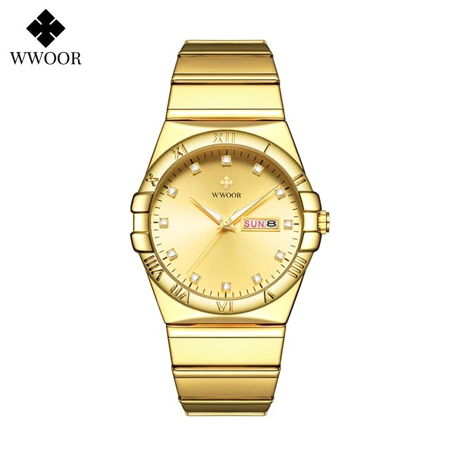 WWOOR 8885 Men's Stainless Steel Fashion Popular Quartz Wristwatch Casual Waterproof Watch For Men Week Date Relogio Masculino