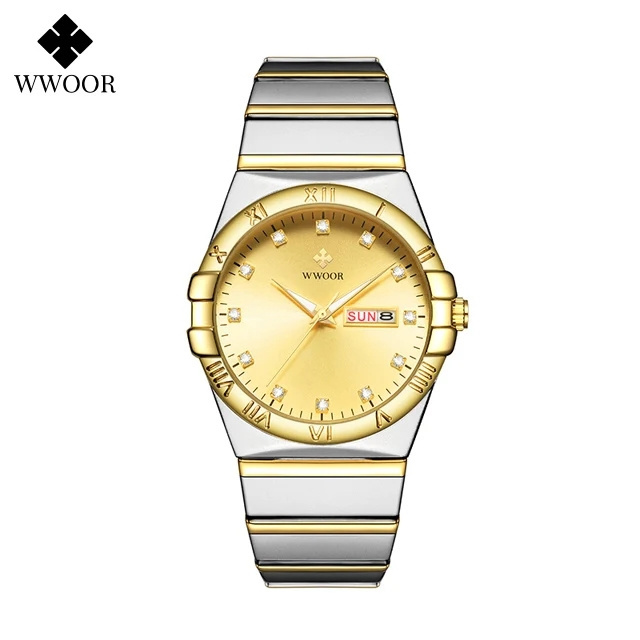 WWOOR 8885 Men's Stainless Steel Fashion Popular Quartz Wristwatch Casual Waterproof Watch For Men Week Date Relogio Masculino