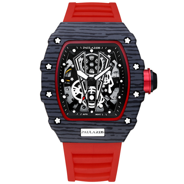 PAULAREIS Fashion Men Automatic Self Wind Skeleton Mechanical Red Black Rubber Strap Richard Fashion Tonneau Hollow Out Watch