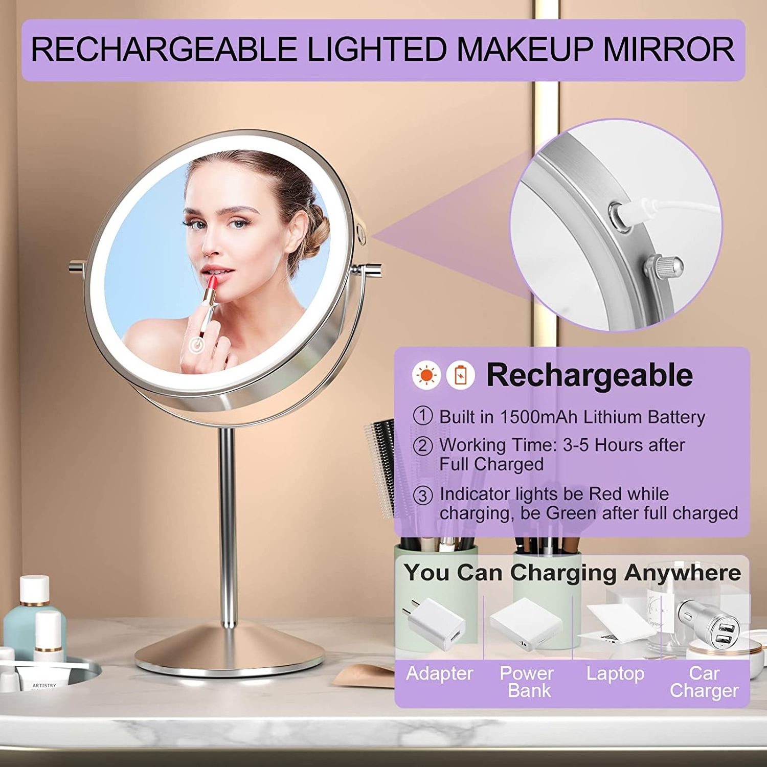 MG3 2023 New Cosmetic Mirror Lighted Double Sided 1/5X Magnifying Makeup Mirror With Led Light