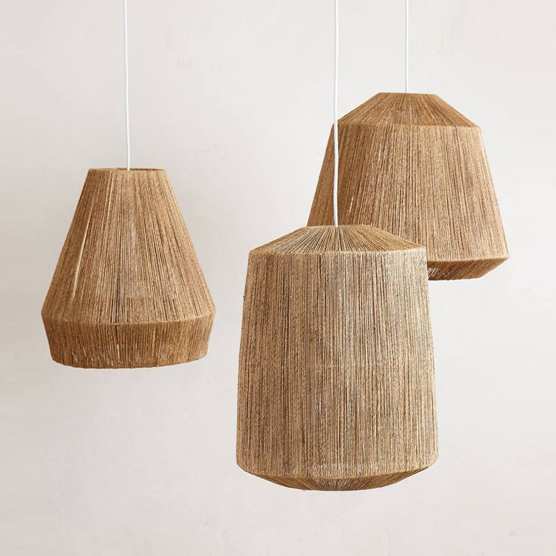 American Style Farmhouse Rattan Pendant Light Fixtures Hemp Rope Wicker Chandeliers Hanging